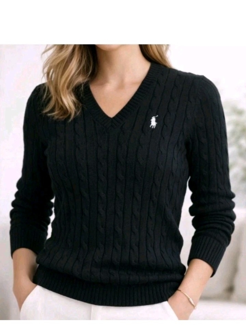 Ralph Lauren Black Cable V-Neck Sweater with Polo Pony